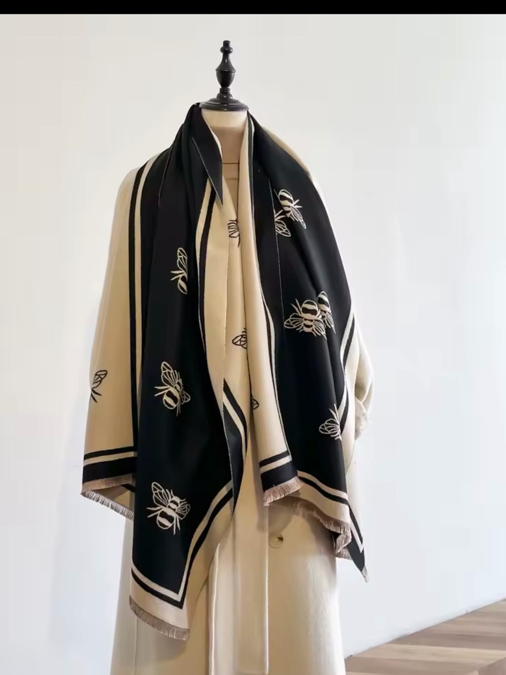 Black & Cream Bee Motif Wrap Scarf